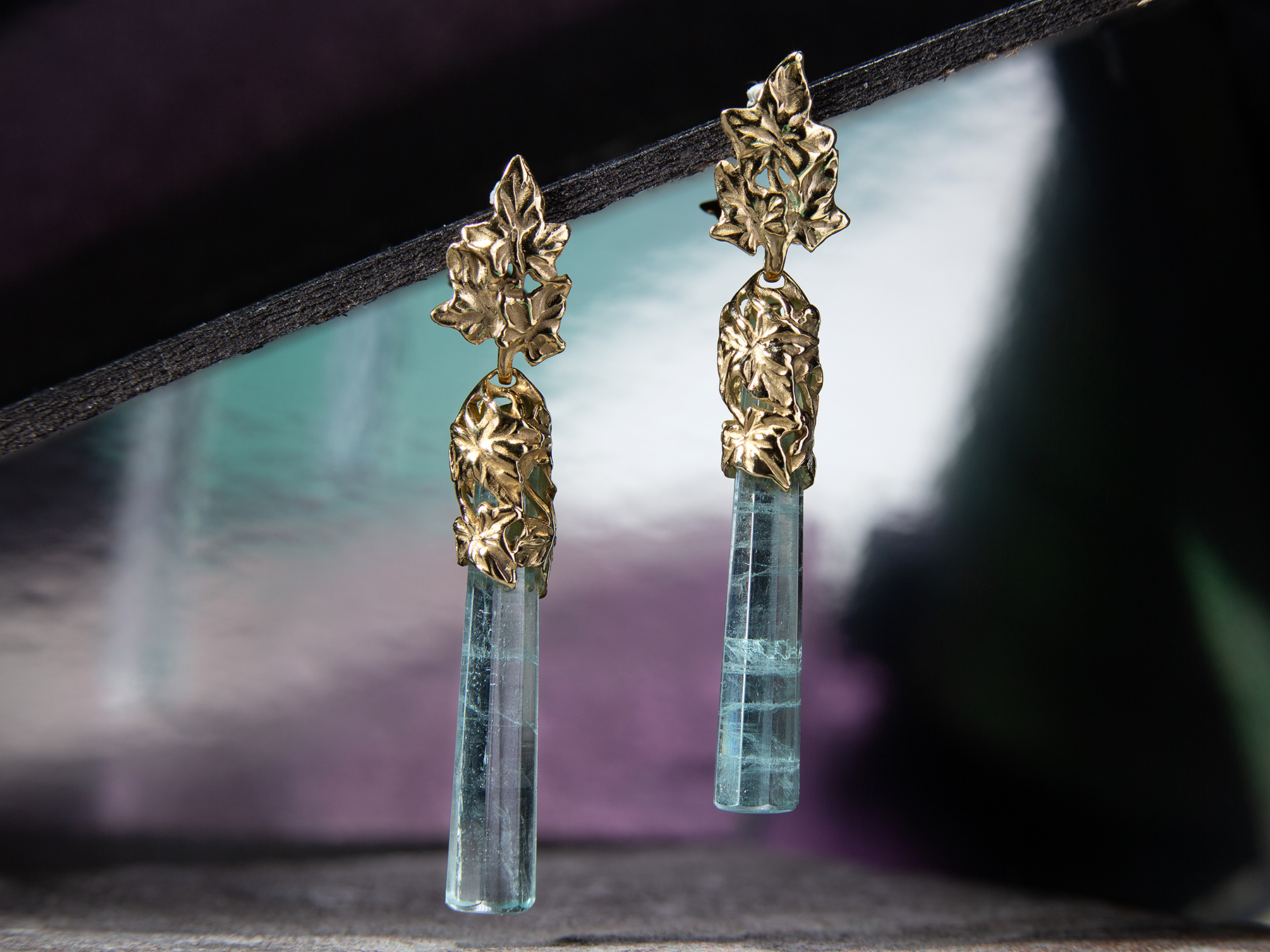 aquamarine ivy gold earrings