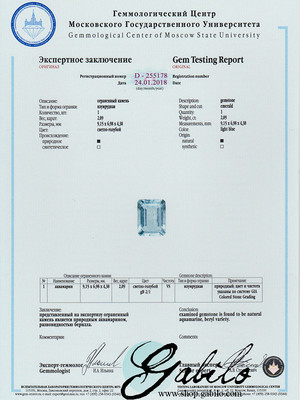 Аквамарин октагон 7х9 огранка 2.09 карата с сертификатом МГУ