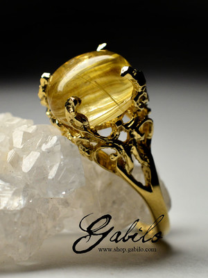 Кварц волосатик в золоте кольцо в стиле Ар Нуво